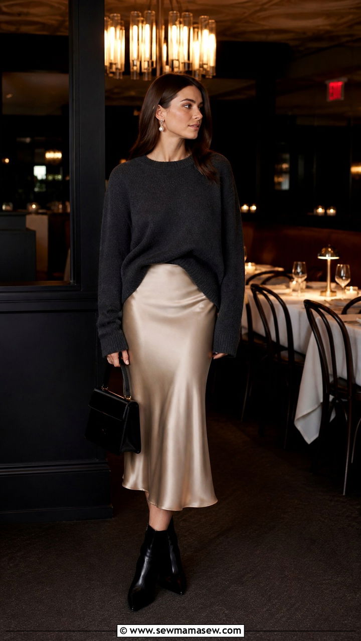 Satin skirt with oversized sweater outfit - 40 Parisian chic outfit ideas