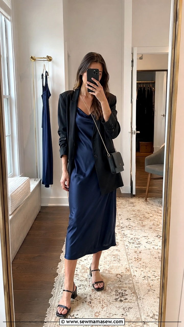 Satin slip dress and blazer PhD hooding ceremony look - 20 PhD hooding ceremony outfit ideas
