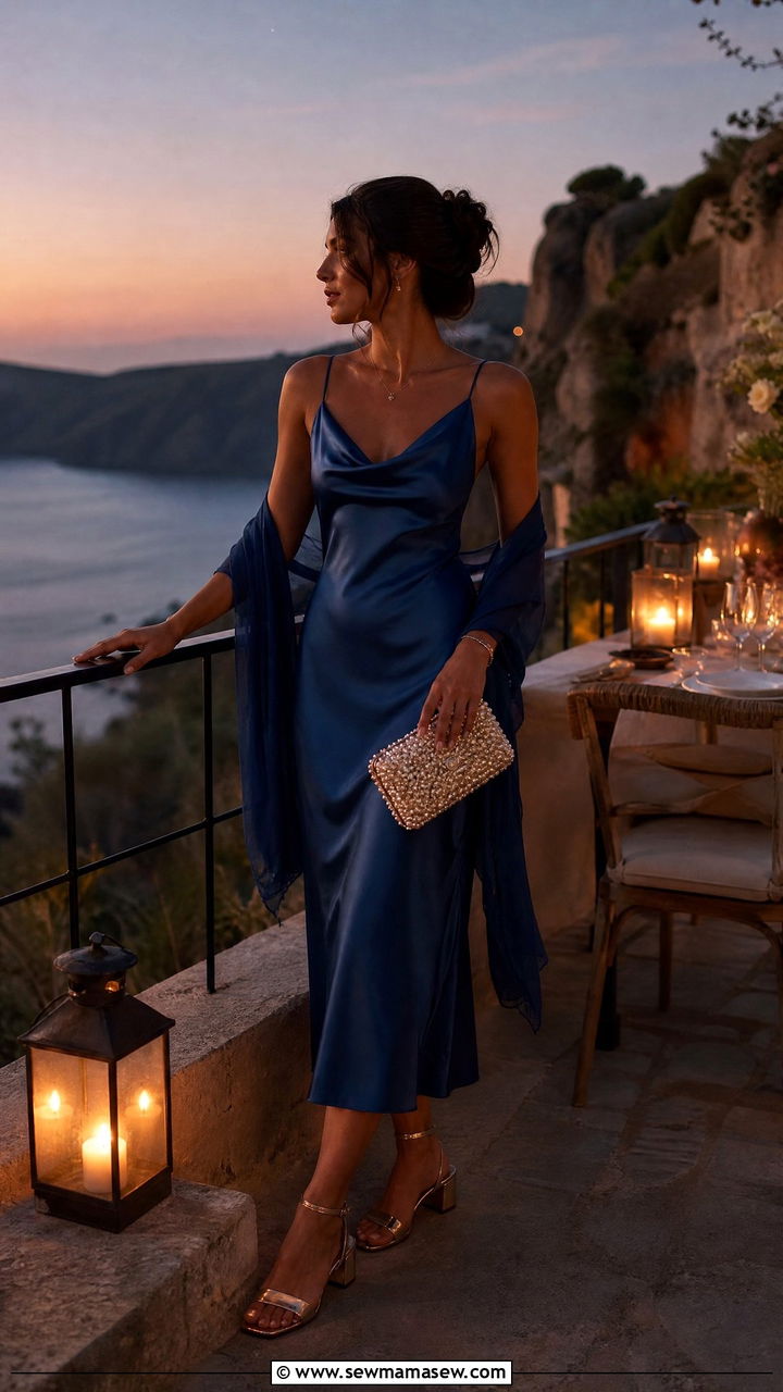 Satin slip dress for Greece evening - 25 Greece spring outfit ideas