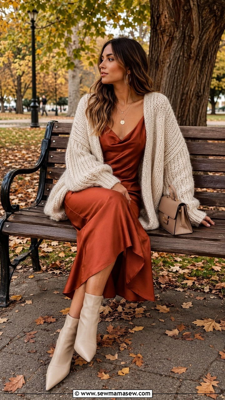 Satin slip dress with chunky cardigan - 30 Pinterest outfits for women