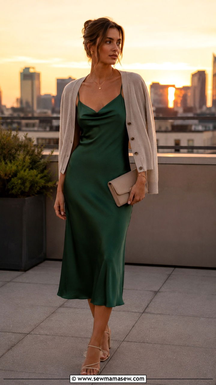 Satin slip dress with cropped cardigan - 25 Balmy evening outfit ideas