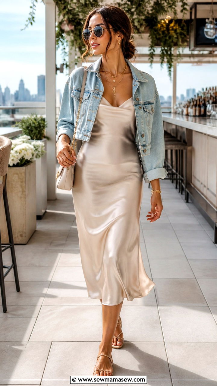 Satin slip dress with denim jacket - 40 Chic brunch outfits