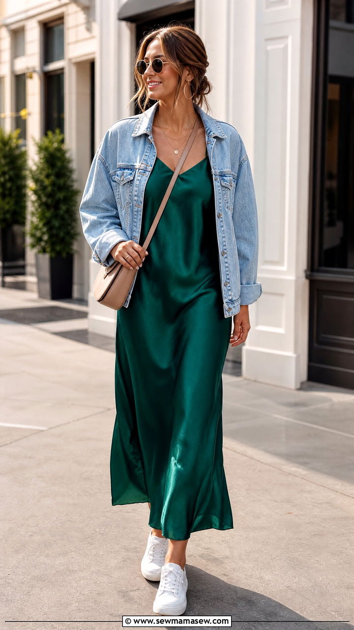 Satin slip dress with denim jacket - 40 Summer outfits with dresses