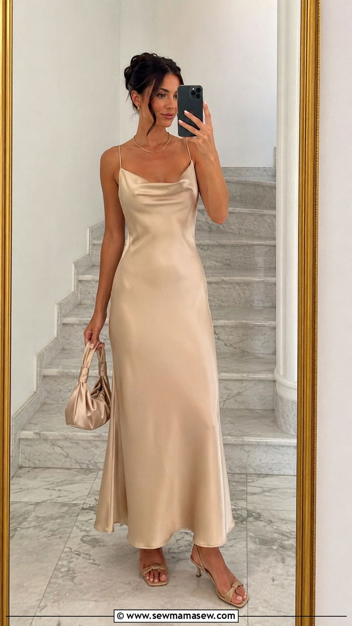 Satin slip dress with kitten heel mules for Greek wedding - 20 Wedding guest outfit ideas Greek wedding