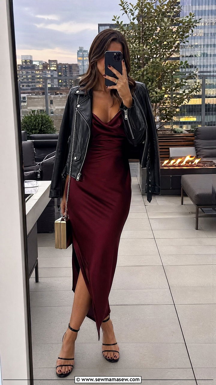 Satin slip dress with leather jacket outfit - 35 dress outfits ideas