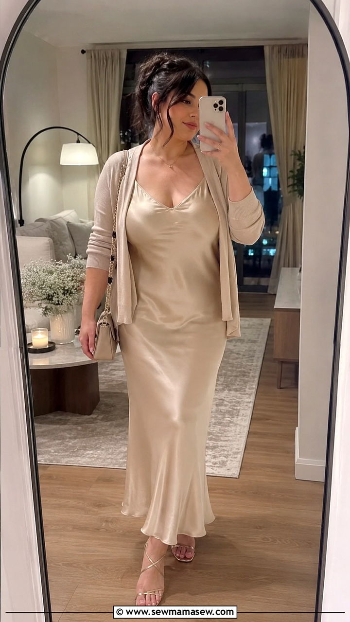 Satin slip dress with lightweight cardigan - 30 Petite plus size outfit ideas