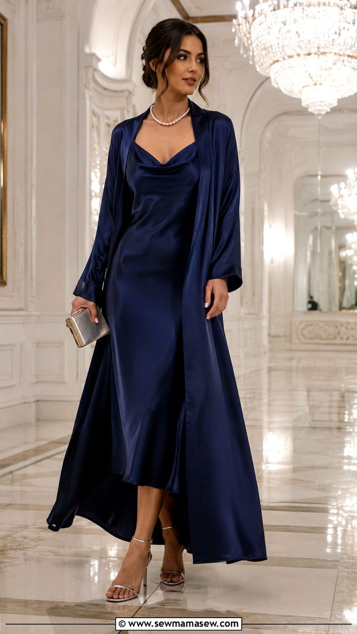 Satin slip dress with matching duster coat - 30 Satin matching set outfit ideas