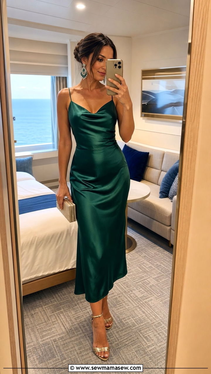 Satin slip dress with statement earrings - 25 Cruise formal night outfit ideas 2026