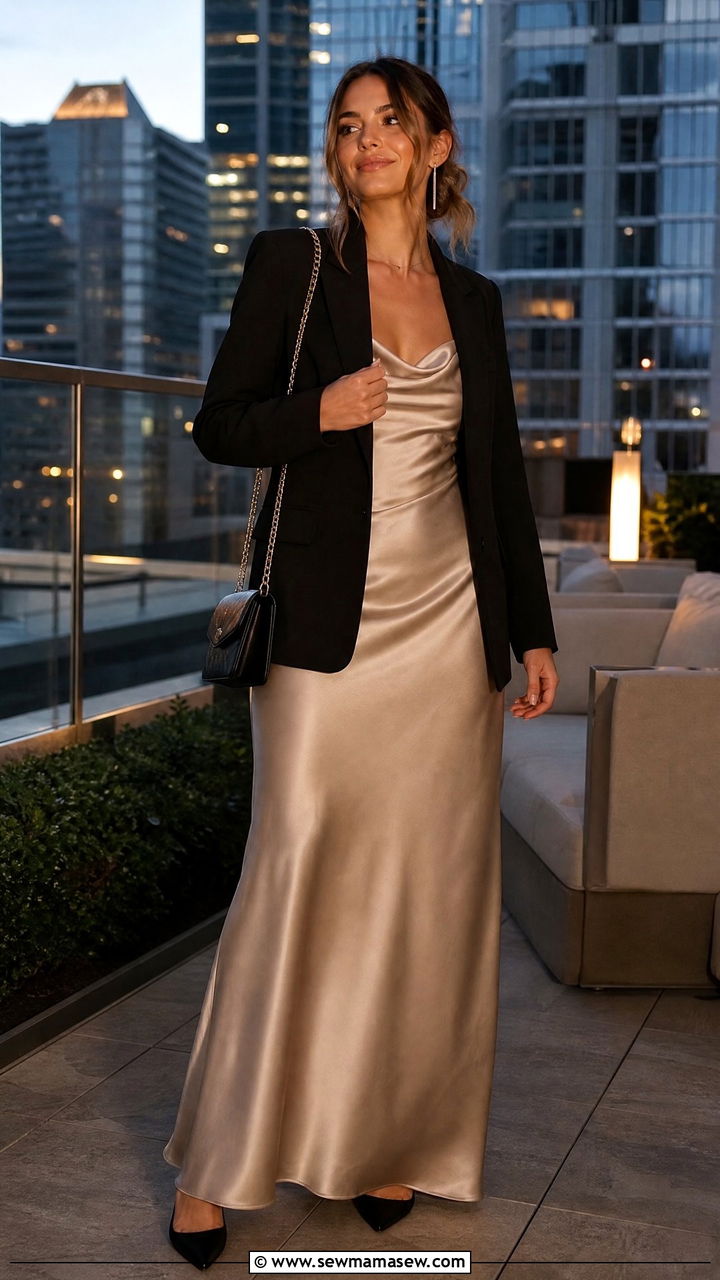 Satin slip maxi dress with tailored jacket outfit - 35 maxi dress outfits aesthetic