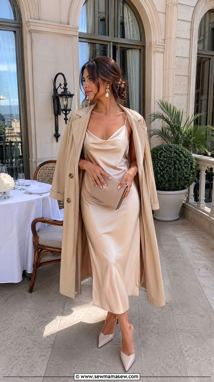 Satin slip midi dress with a lightweight trench coat and mules - 35 Elevated brunch outfit ideas