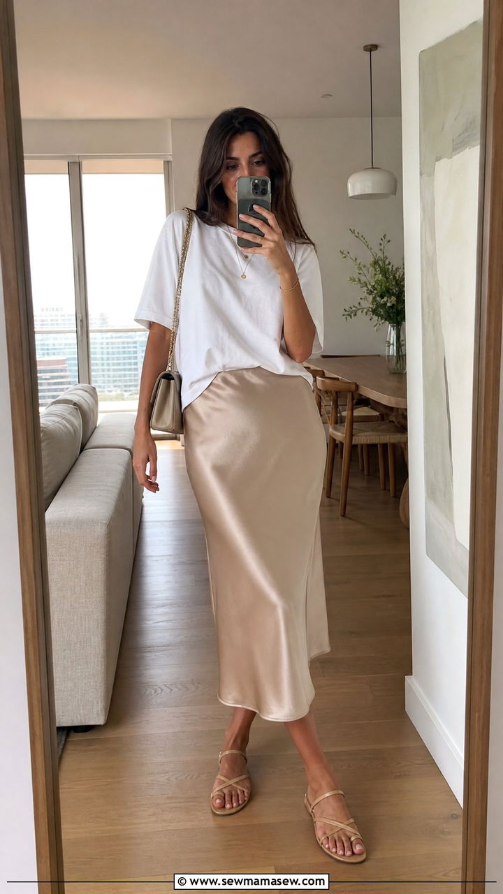 Satin slip midi skirt with a boxy tee - 30 Summer outfits for tall women