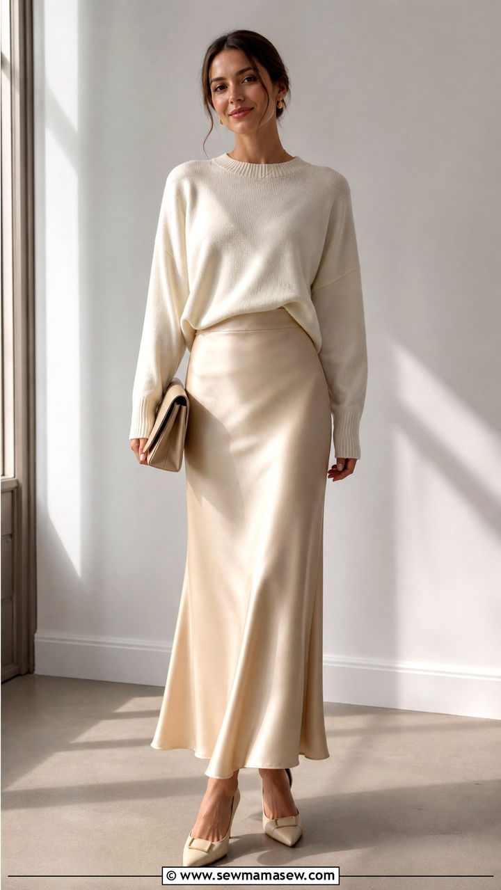Satin slip skirt sweater spring brunch outfit - 40 Spring brunch outfits