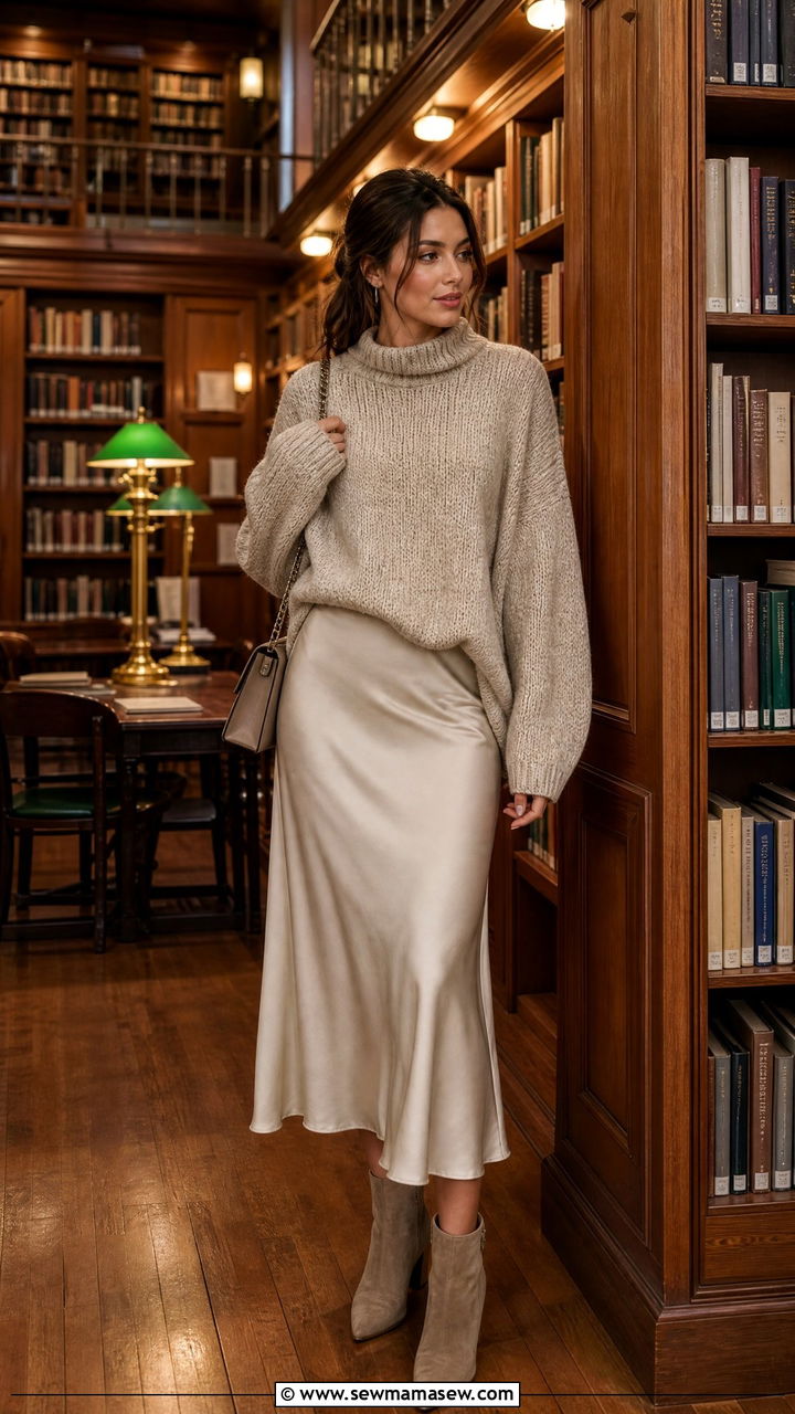Satin slip skirt with a chunky knit sweater and ankle boots - 30 College library outfit ideas