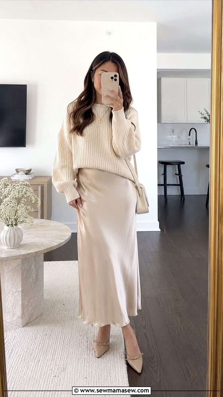 Satin slip skirt with a chunky knit - 30 Spring outfits for petite women