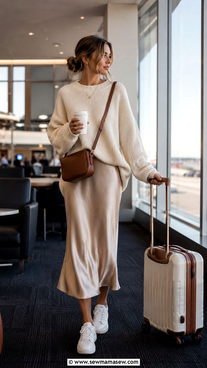 Satin slip skirt with chunky sweater - 25 Airport outfit ideas for international travel