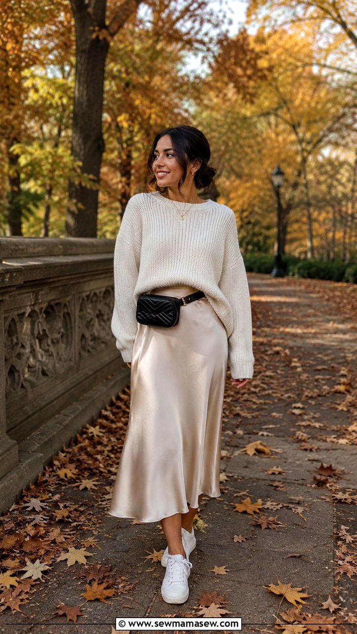 Satin slip skirt with cozy sweater and sneakers - 30 Travel outfit ideas petite women