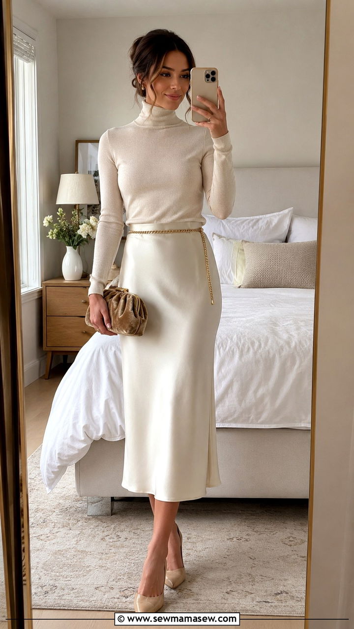 Satin slip skirt with fitted turtleneck - 30 Petite outfit ideas to balance proportions