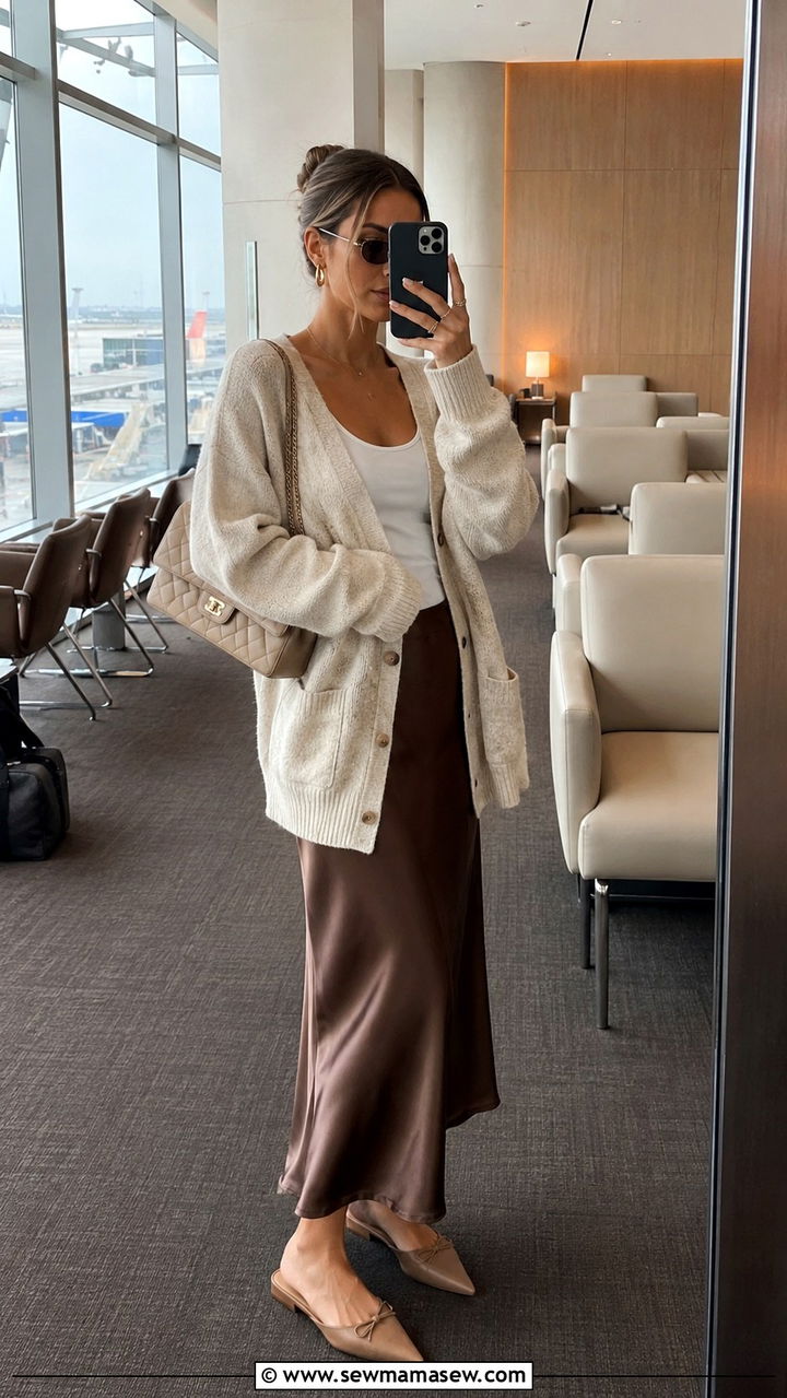 Satin slip skirt with oversized cardigan for airport - 25 travel outfits inspo