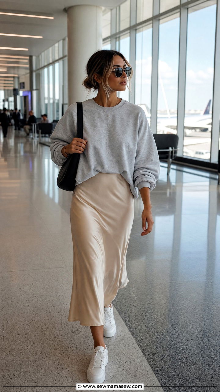 Satin slip skirt with oversized crewneck sweatshirt - 35 Miami airport outfit ideas