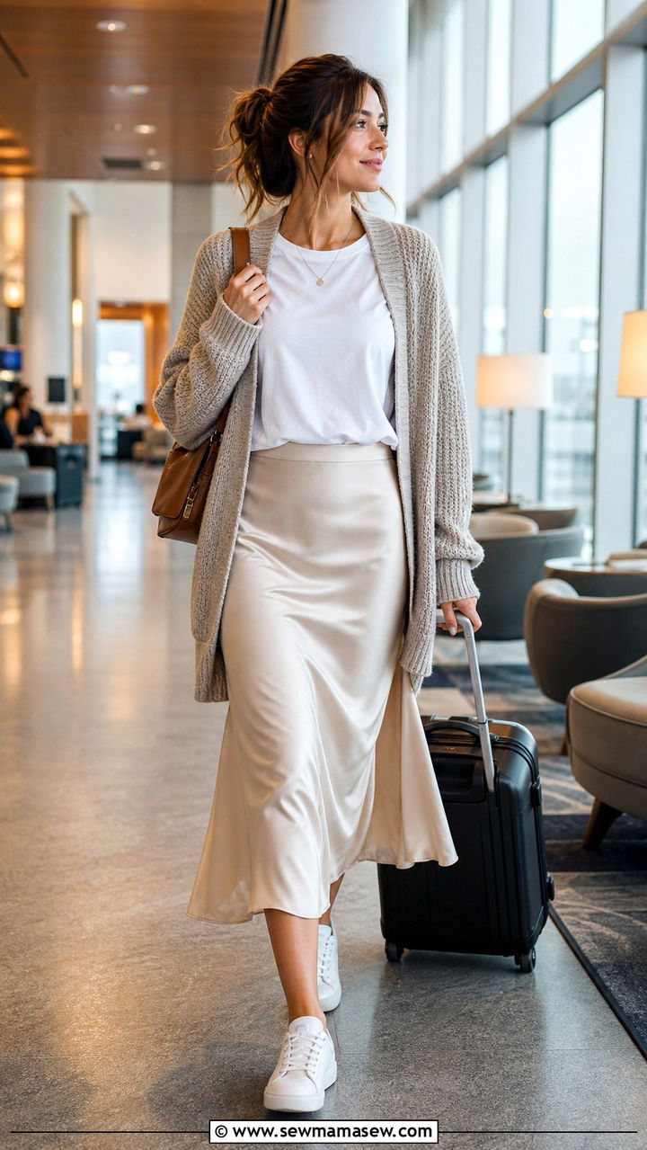 Satin slip skirt with tucked in tee and oversized cardigan - 40 travel outfits