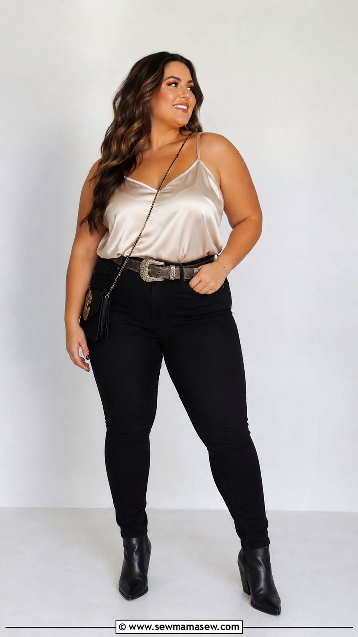 Satin top with black pants and boots - 30 plus size country concert outfit ideas