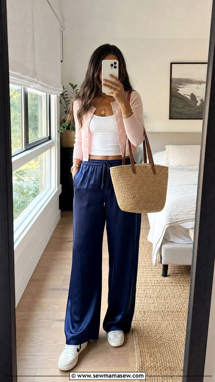 Satin track pants with cropped cardigan and sneakers - 25 spring mode sportif outfit ideas