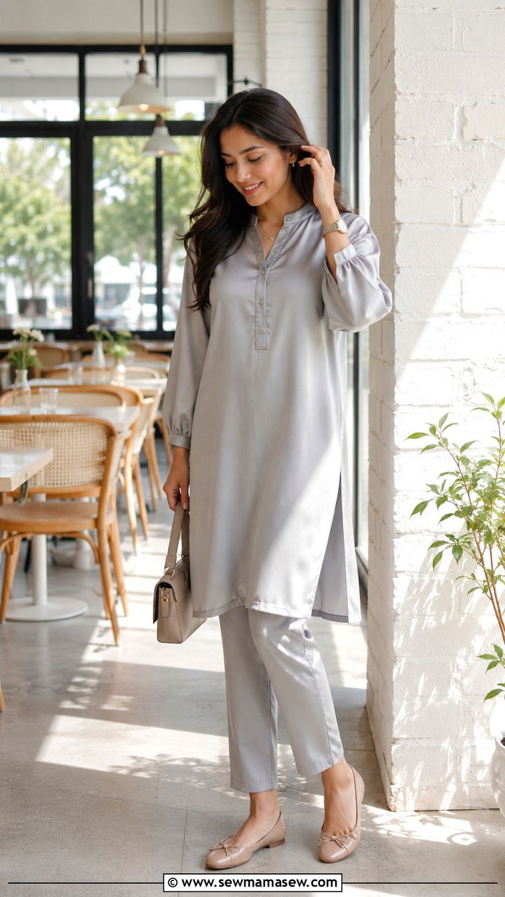 Satin tunic and straight leg pants with ballet flats - 30 Satin matching set outfit ideas