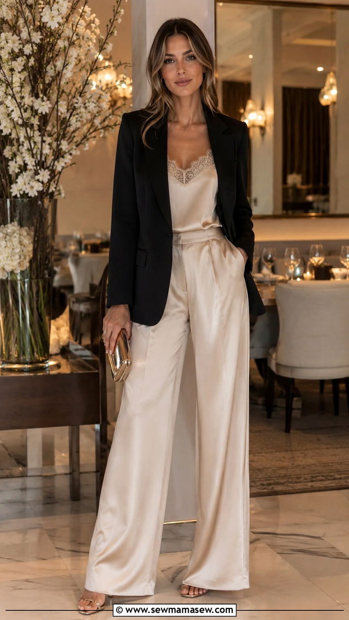 Satin wide leg trousers with a structured blazer - 25 Wide leg trousers outfit ideas with a blazer