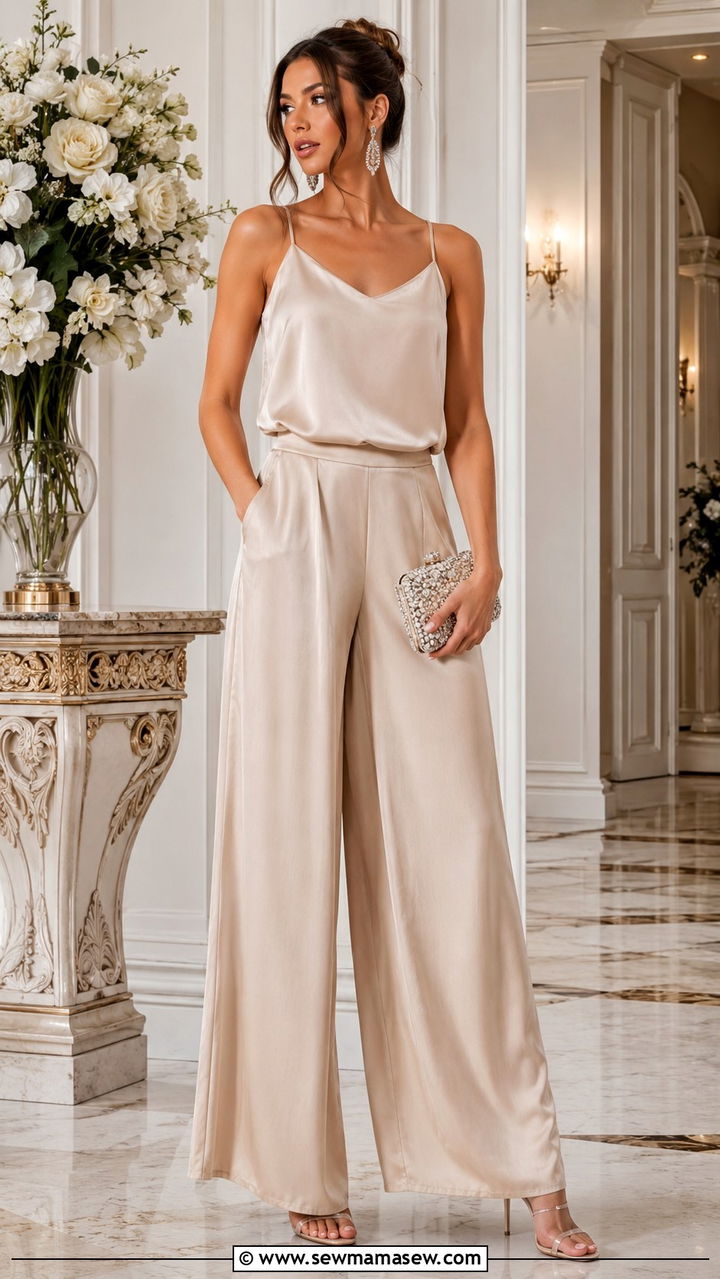 Satin wide leg trousers with silk camisole and heels - 30 spring wide leg pants outfit ideas