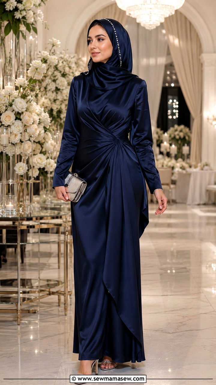 Satin wrap dress with embellished hijab - 25 outfit ideas for hijab women