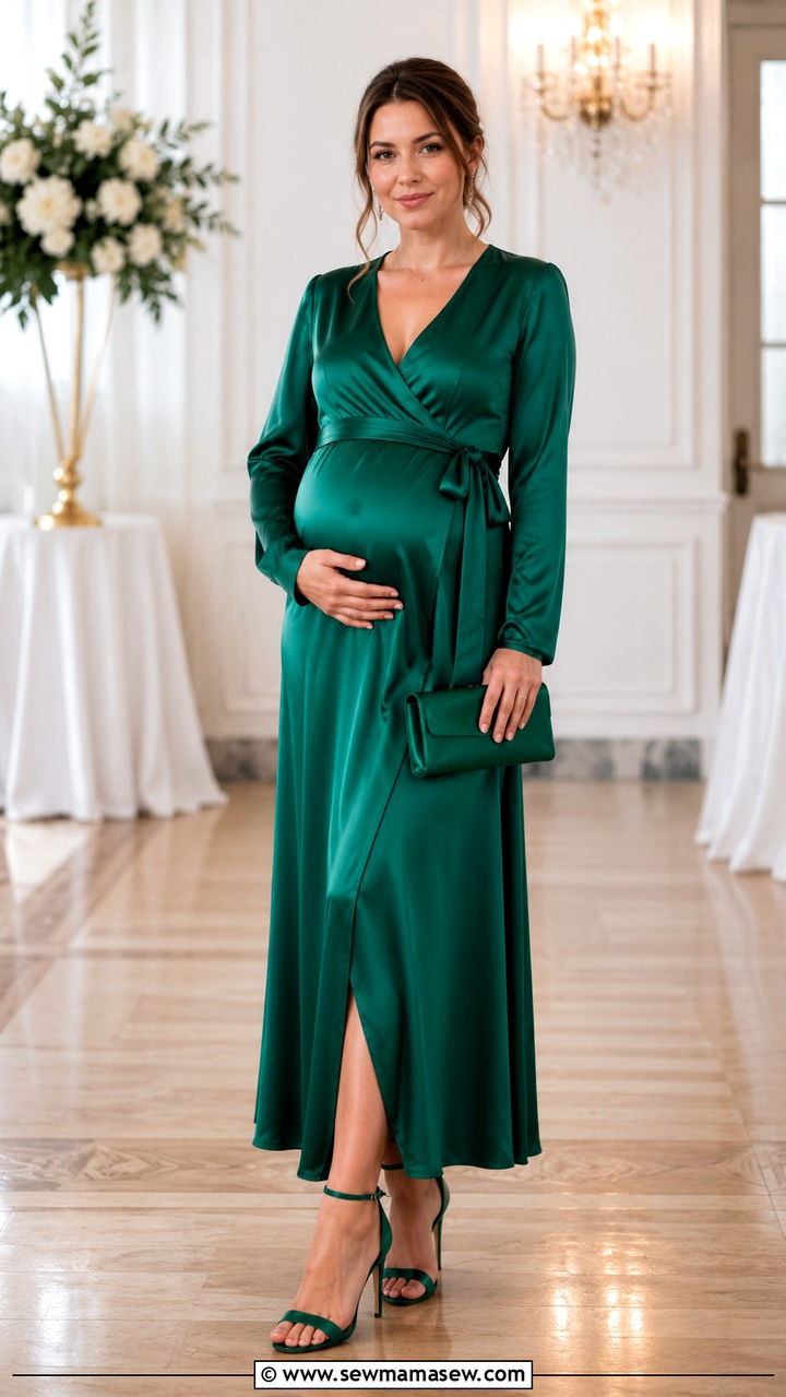 Satin wrap maxi dress with ankle strap heels - 25 wedding guest outfits for postpartum women