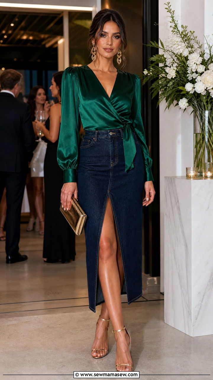 Satin wrap top with high slit denim skirt outfit - 25 classy denim skirt outfits