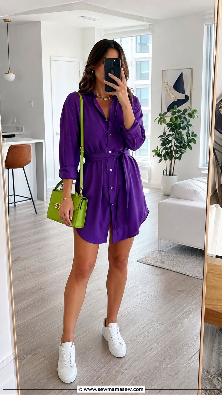 Saturated Purple Shirt Dress Outfit - 35 Dopamine dressing outfit ideas