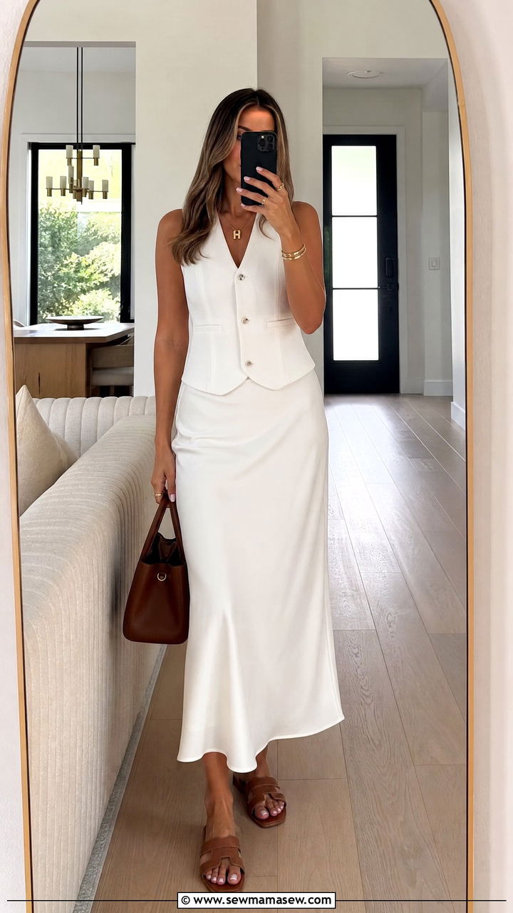 Saturday brunch outfit with all white vest and long skirt - 25 Brunch outfit ideas Saturday casual