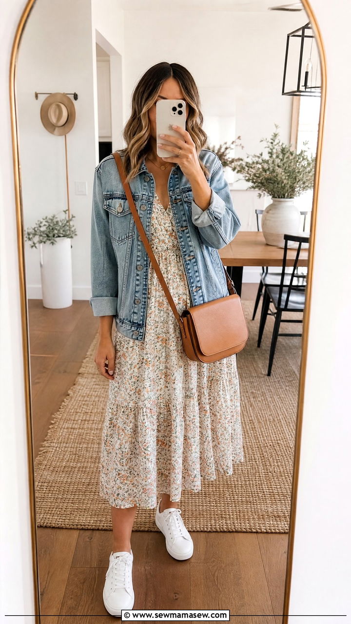 Saturday brunch outfit with flowy midi dress and denim jacket - 25 Brunch outfit ideas Saturday casual