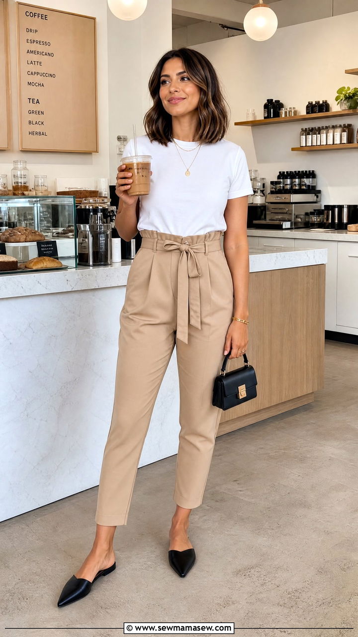 Saturday brunch outfit with paperbag waist pants and tucked tee - 25 Brunch outfit ideas Saturday casual