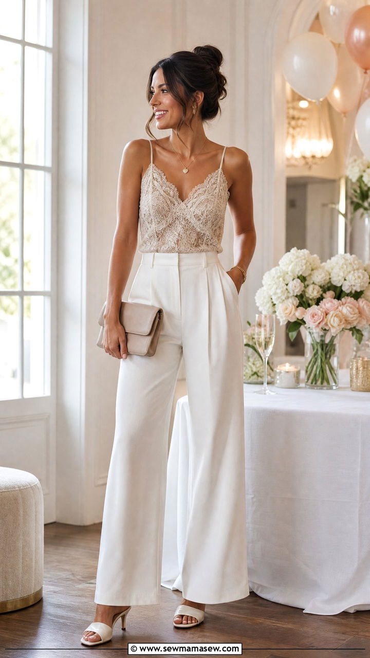Scalloped hem camisole with high waisted wide leg trousers - 25 Flattering outfits for small bust