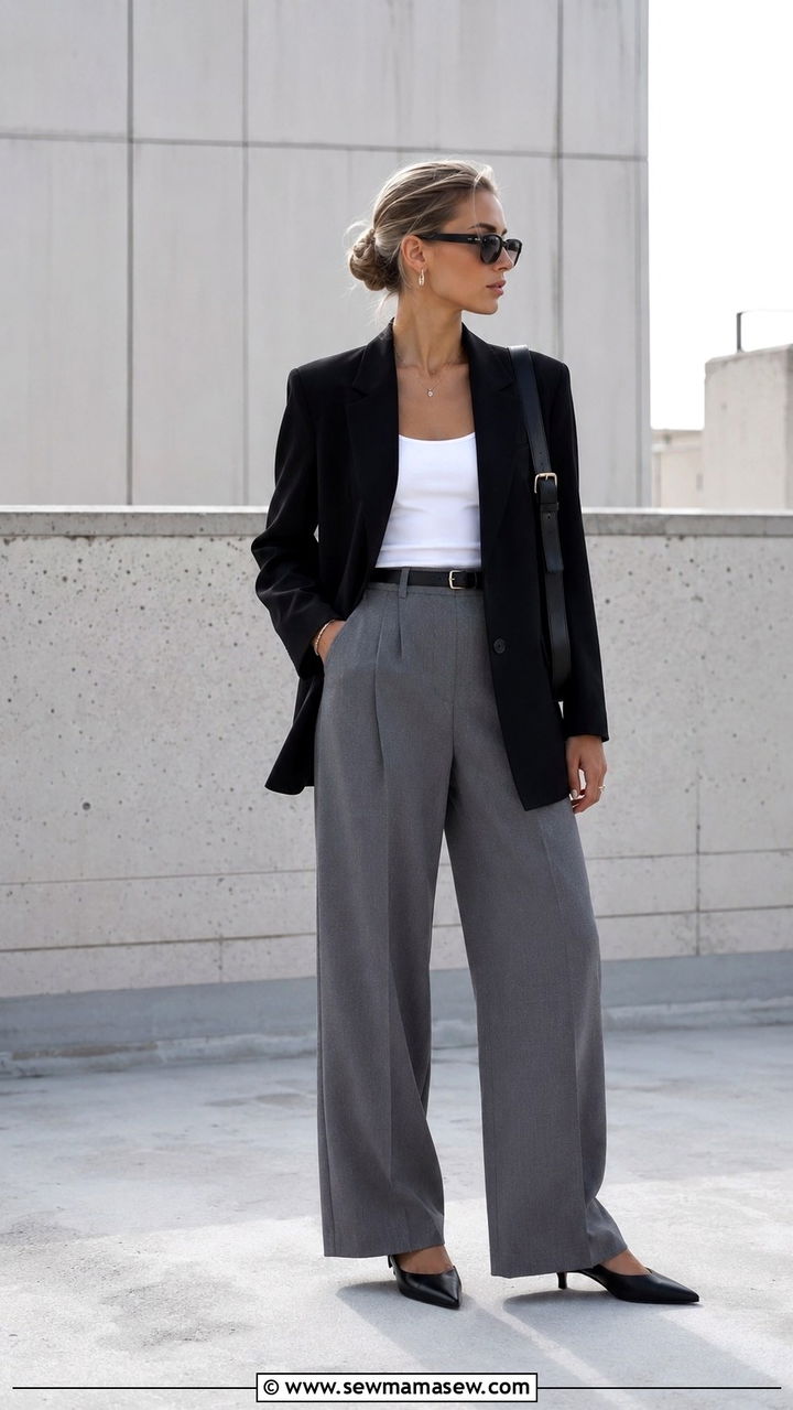 Scandi spring outfit with black blazer and gray wide leg trousers - 30 spring scandinavian outfit ideas