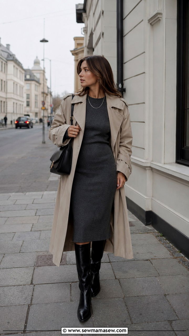 Scandi spring outfit with knit dress and tall boots - 30 spring scandinavian outfit ideas
