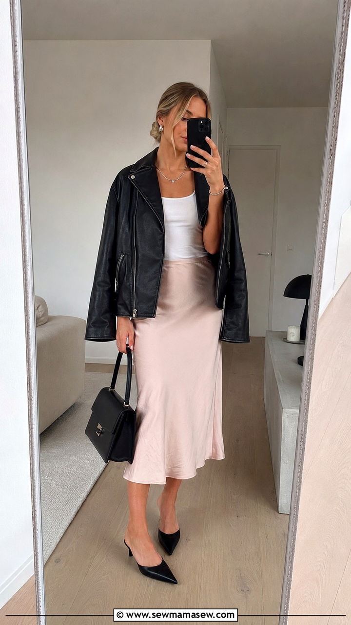 Scandi spring outfit with leather jacket and midi skirt - 30 spring scandinavian outfit ideas