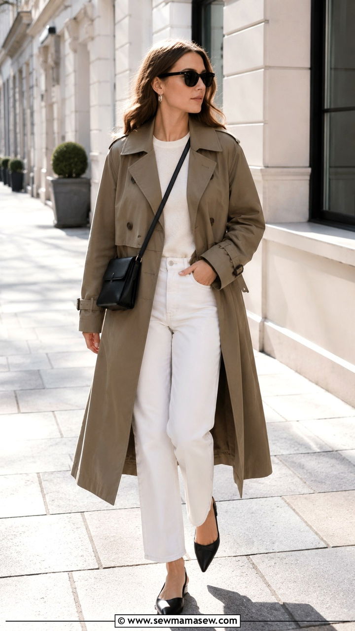 Scandi spring outfit with trench coat and white jeans - 30 spring scandinavian outfit ideas