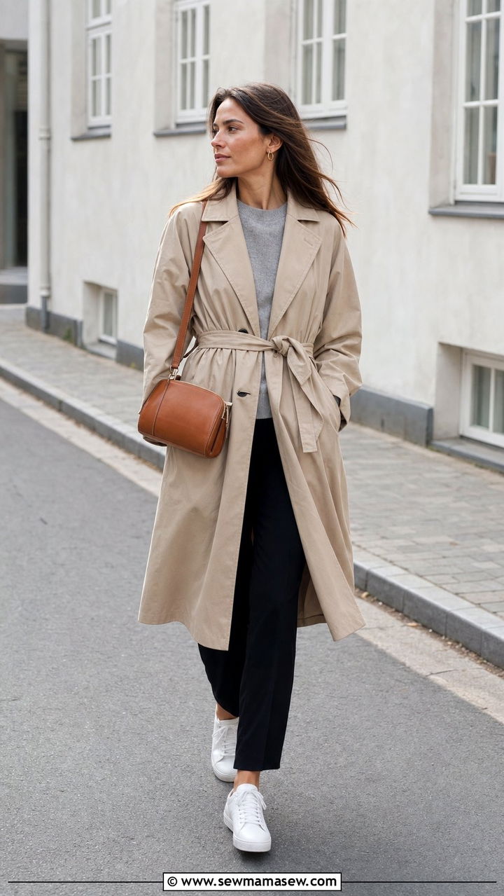 Scandinavian Trench Coat and White Sneakers - 25 Europe travel outfits inspo