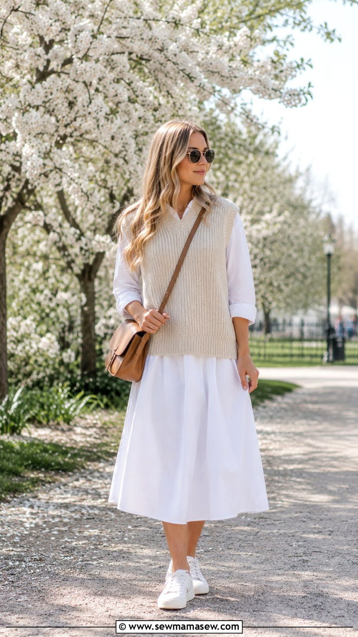 Scandinavian spring outfit with knit vest layered over a dress - 30 spring scandinavian outfit ideas