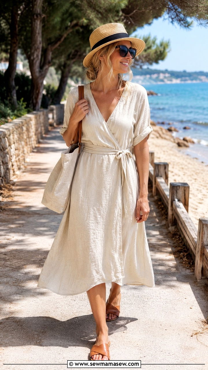 Scandinavian spring outfit with linen midi dress and flat sandals - 30 spring scandinavian outfit ideas