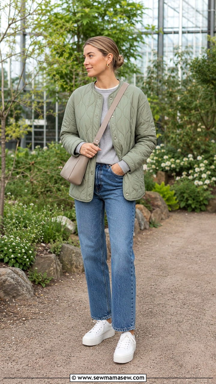 Scandinavian spring outfit with quilted jacket and straight leg jeans - 30 spring scandinavian outfit ideas