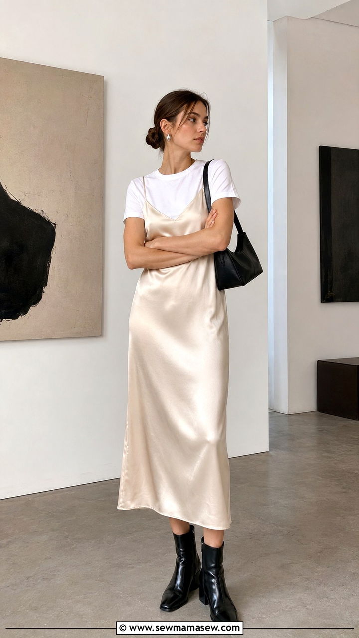 Scandinavian spring outfit with slip dress layered over a tee - 30 spring scandinavian outfit ideas