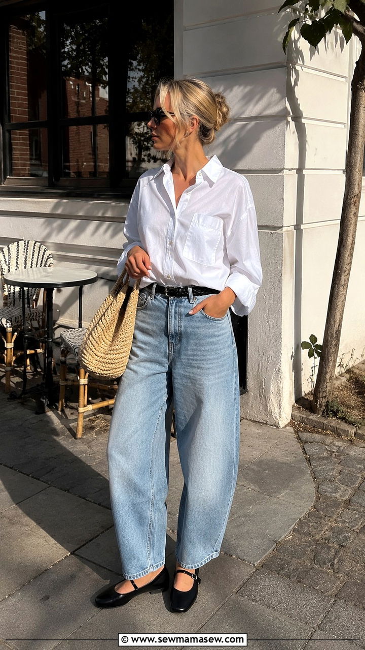 Scandinavian spring outfit with white button down shirt and barrel leg jeans - 30 spring scandinavian outfit ideas