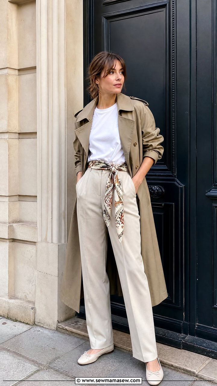 Scarf Belt Over a Trench Coat With Tailored Trousers - 35 French girl spring outfit ideas