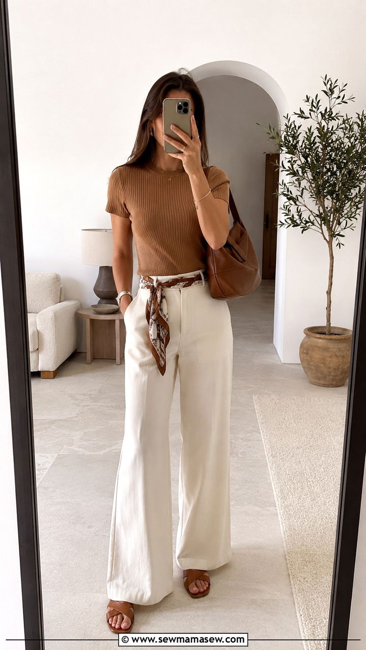 Scarf Belt Wide Leg Trousers and Knit Top Outfit - 25 2026 outfits for women