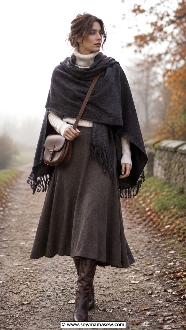 Scarf Cape With Fine Knit Turtleneck and Midi Skirt - 20 Poetcore outfit ideas Dead Poets Society vibe